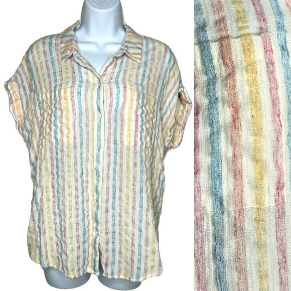 LUCKY BRAND Wms Sz L Pastel Stripe Tie Wrap Back Short Sleeve Top Blouse 7W45351 - Picture 1 of 11